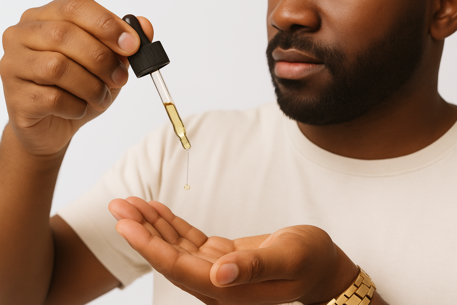 Black man applying NuGrowth beard growth oil using dropper to palm before grooming coarse beard