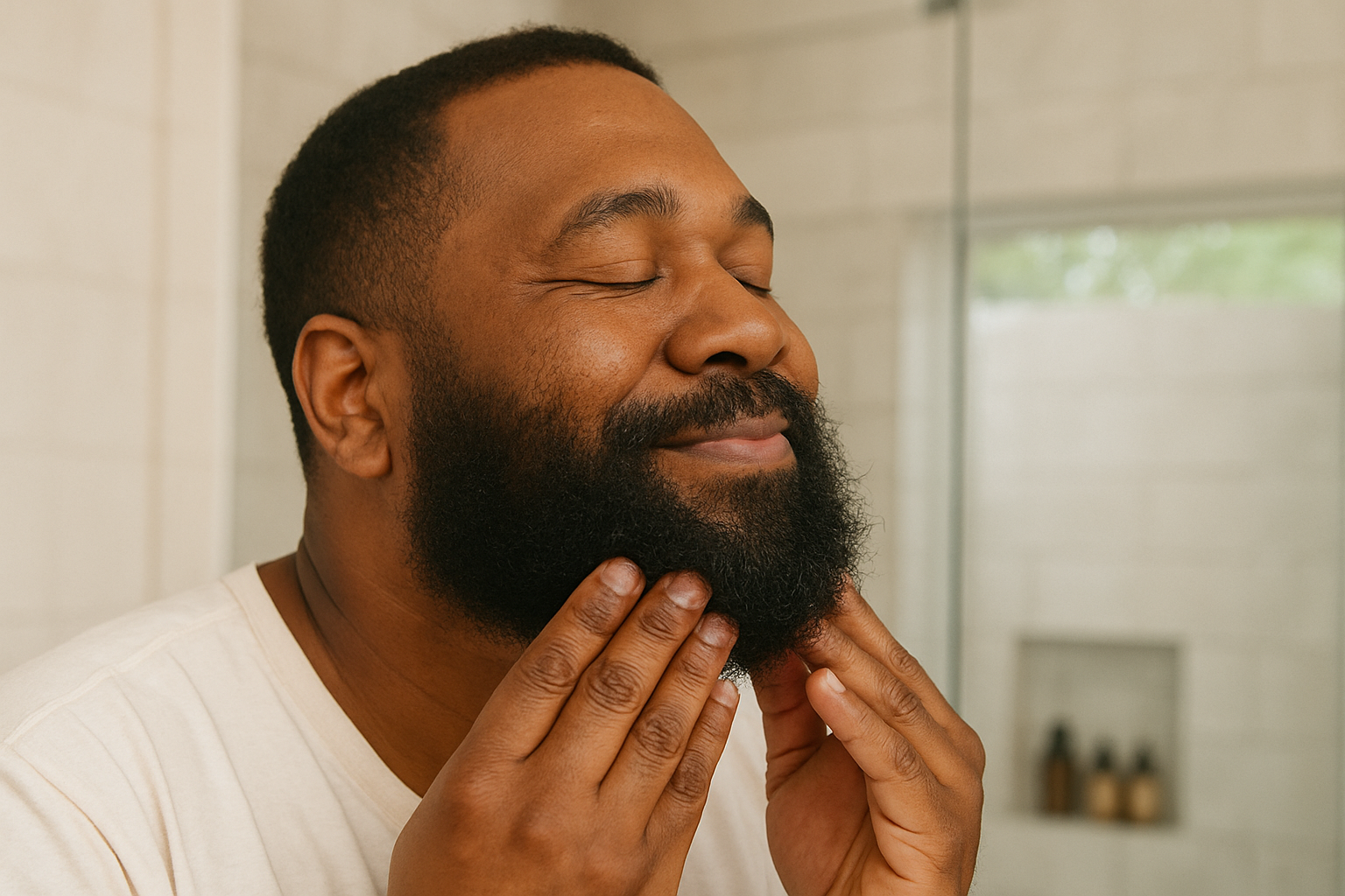 Black man with a full, healthy beard enjoying his grooming routine with NuGrowth beard oil in a modern bathroom.